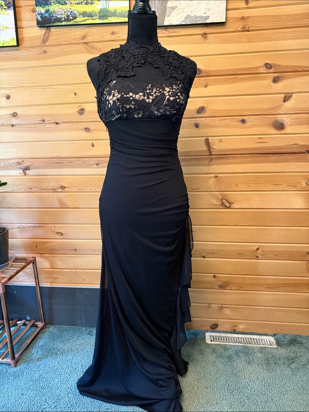 Betsy & Adam Black Lace High-Neck Maxi Gown